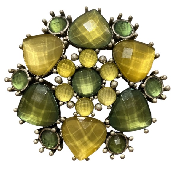 Estate Jewelry - Yellow and Green Blossom Brooch Silver Tone Setting 1 1/2” Diameter